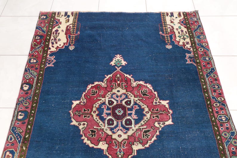 Tappeto Oushak color cobalto / 146x21 cm per soggiorno / Lana anatolica vintage immagine 4