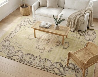 Sage Green Oushak Rug | 5.9x9 ft Living Room | Faded Vintage Anatolian Wool
