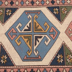 May include: A close-up of a rug with a geometric pattern in shades of blue, pink, and yellow. The pattern is made up of repeating squares and triangles. The rug has a white background.
