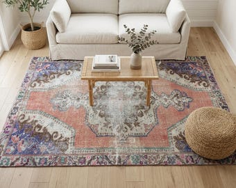 Coral Oushak Rug | 4.5x7 ft Living Room | Colorful Vintage Turkish Wool Carpet