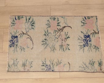 Vloerkleed met bloemen, boho vloerkleed, crème vloerkleed, groen vloerkleed, bloementapijt, klein vloerkleed, entreetapijt, nachtkastje, retro vloerkleed, 1,8 x 2,9 ft, RK 14545