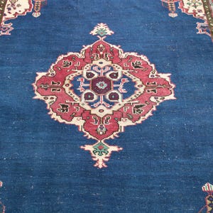 Tappeto Oushak color cobalto / 146x21 cm per soggiorno / Lana anatolica vintage immagine 5
