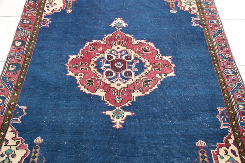 Tappeto Oushak color cobalto / 146x21 cm per soggiorno / Lana anatolica vintage immagine 5