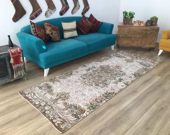 Decorative runner rug, Turkish rug, Kitchen rug, Floral rug, Rustic rug, Antique rug, Residential rug, Knotted rug, 3.5x9.1 feet, RK 9906