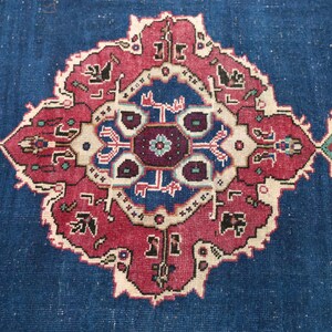 Tappeto Oushak color cobalto / 146x21 cm per soggiorno / Lana anatolica vintage immagine 9