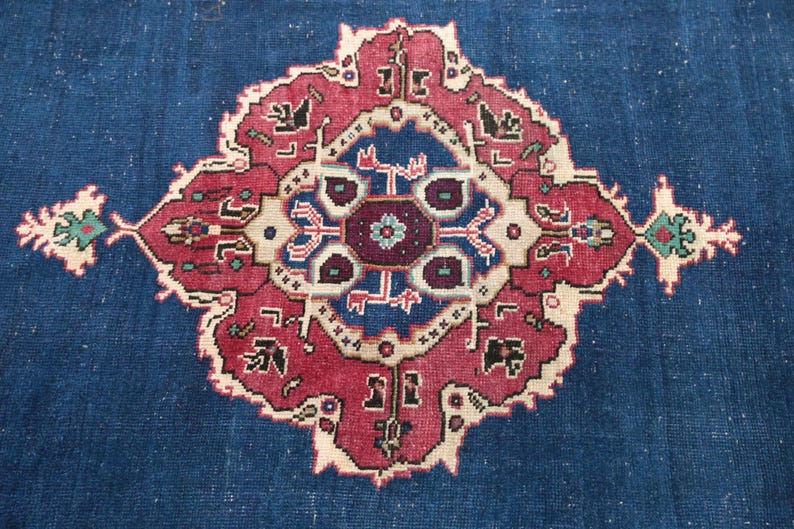 Tappeto Oushak color cobalto / 146x21 cm per soggiorno / Lana anatolica vintage immagine 9