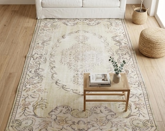 Sage Green Oushak Rug | 5.3x8.5 ft Living Room | Faded Vintage Turkish Wool Carpet