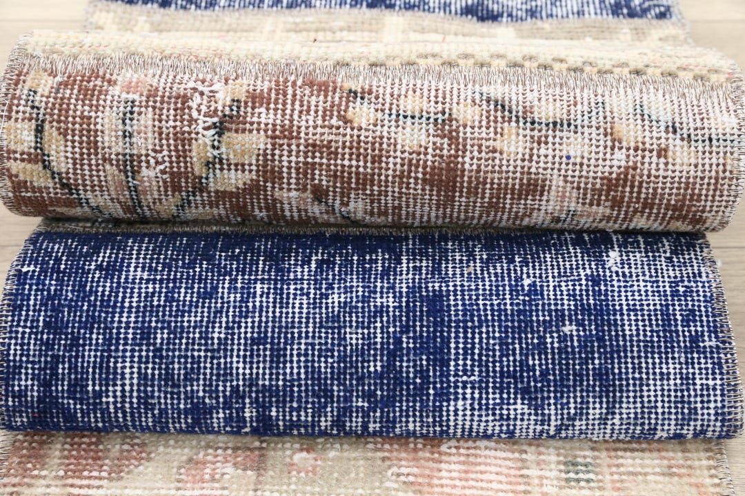 ベージュとブルーのトルコ製ラグ、クールランナーラグ、ヴィンテージ