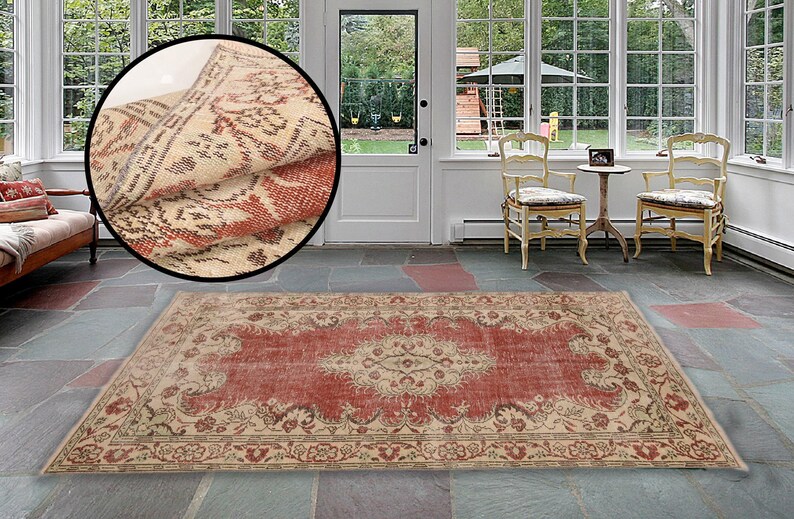 colorful rug, 70s rug, used rugs, boho area rug, kilim rug, vintage oushak rug, hand woven rug, large oushak rug, 4.7 x 8.3 ft RK 8809 image 2