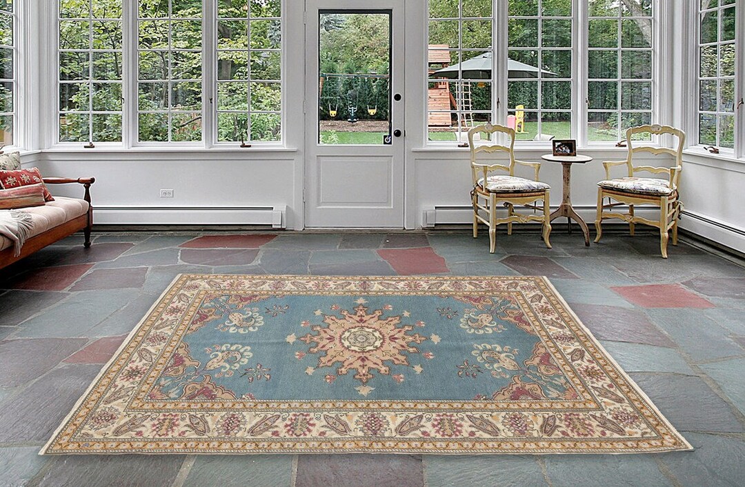 Navy Vintage Rug, Handmade Turkish Rug, Oushak Rug, Living Room Rug