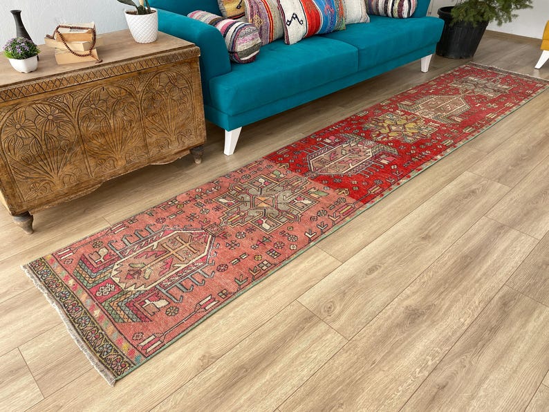 Alfombra vintage hecha a mano, alfombra turca tipo pasillo, alfombras para pasillo, alfombra a medida, alfombra anudada a mano, alfombra única, 2,4 x 12,2 pies, RK 9174 imagen 7