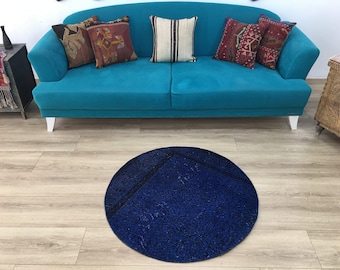 Alfombra azul, alfombra redonda, alfombra turca, alfombra oushak vintage, alfombra de área, 3.3 pies, alfombra de oficina, alfombra teñida, alfombra boho, decoración del hogar, RK 6648