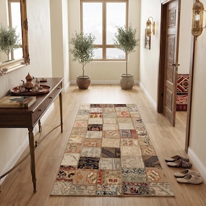 Beige Patchwork Runner Rug | 2.6x5.8 ft Entryway Carpet | Tribal Vintage Turkish Wool