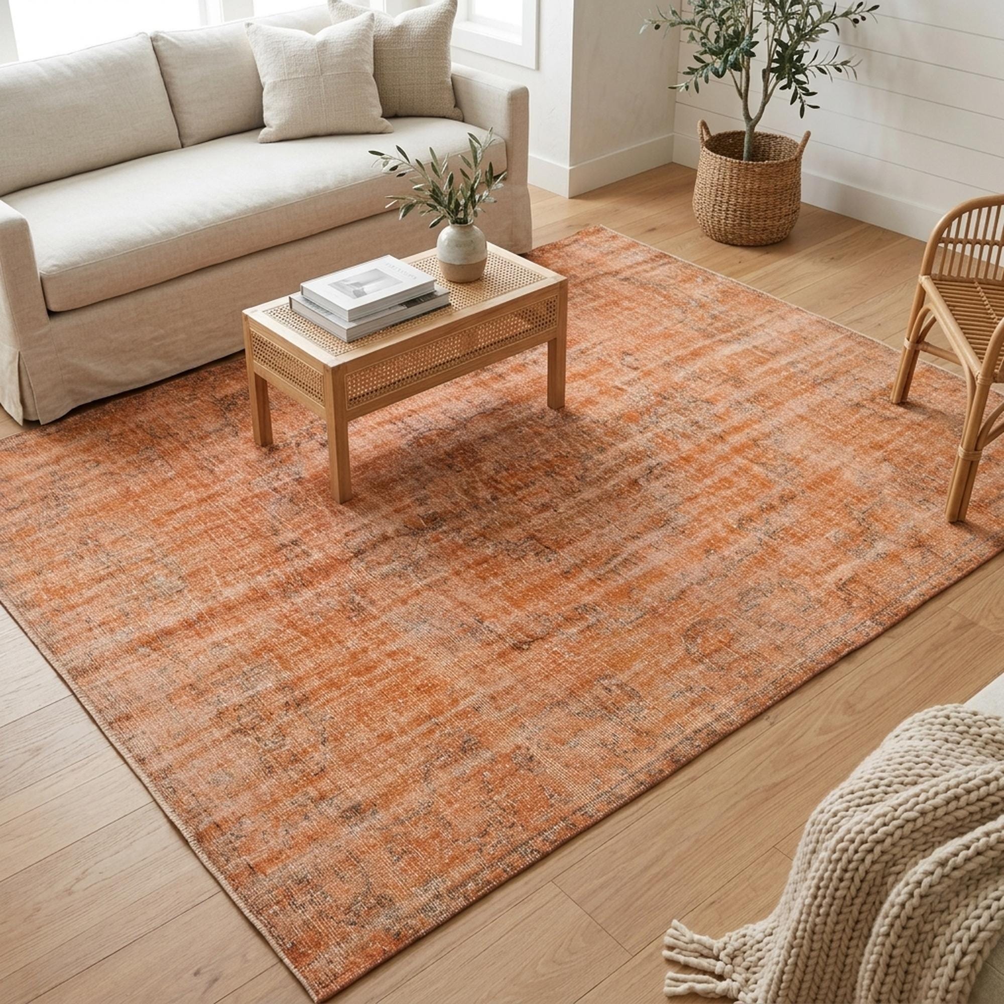 Orange Overdyed Area Rug 5.1x8.3 ft Living Room Carpet Distressed Vintage Turkish Wool
