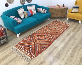 Orange rug, Colorful rug, Herki rug, Handmade rug, Kilim rug, Vintage rug, Turkish rug, Oushak kitchen rug, Wool rug, 2.9 x 8.9 ft, RK 9556