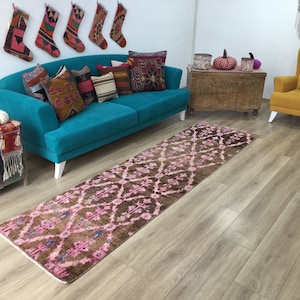 Brown pink rug, Runner rug, Turkish rug, Hallway rug, Entryway rug, Handmade rug, Vintage rug, Oushak rug, Boho rug, 2.6 x 9.7 ft, RK 10629