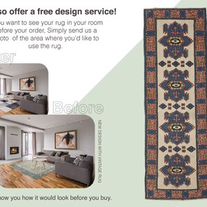 K&ouml;nnte beinhalten: Ein Vorher-Nachher-Bild, das zeigt, wie ein Teppich in einem Wohnzimmer platziert werden kann. Der Teppich ist im Vintage-Stil mit cremefarbenem Hintergrund und blauen und roten Mustern. Der Text "We also offer a free design service!" befindet sich oben im Bild.