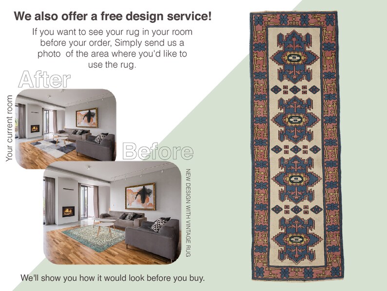 K&ouml;nnte beinhalten: Ein Vorher-Nachher-Bild, das zeigt, wie ein Teppich in einem Wohnzimmer platziert werden kann. Der Teppich ist im Vintage-Stil mit cremefarbenem Hintergrund und blauen und roten Mustern. Der Text "We also offer a free design service!" befindet sich oben im Bild.