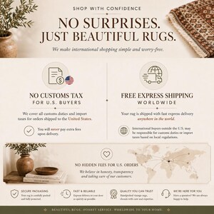 The image is a promotional advertisement for a company that sells beautiful rugs. It features a map of the world, a potted plant, and a book, along with text describing the company's policies and services.