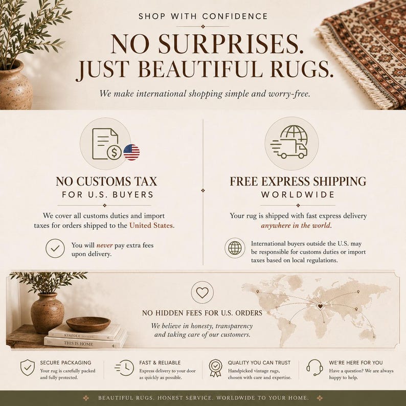 The image is a promotional advertisement for a company that sells beautiful rugs. It features a map of the world, a potted plant, and a book, along with text describing the company's policies and services.