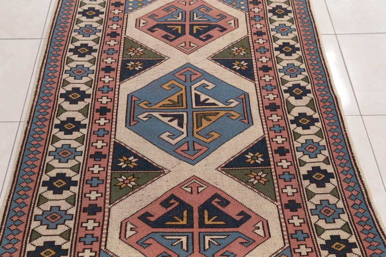 Antique turkish rug, Multicolor rug, Bordered rug, Primitive rug, Vintage area rug, Oushak wool rug, Retro rug, 4.3x6.2 ft, RK 13681