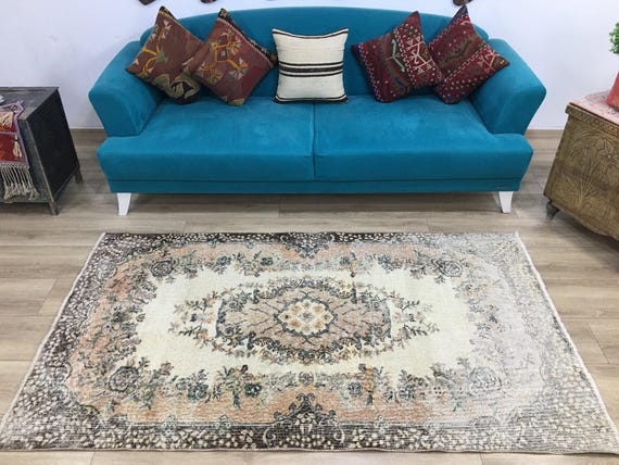Pink area rug, Handknotted rug, Turkish rug, Worn rug, Livingroom rug, Floral rug, Bedroom rug, Antique rug, Cotton rug, 3.9 x 7 ft, RK 6863