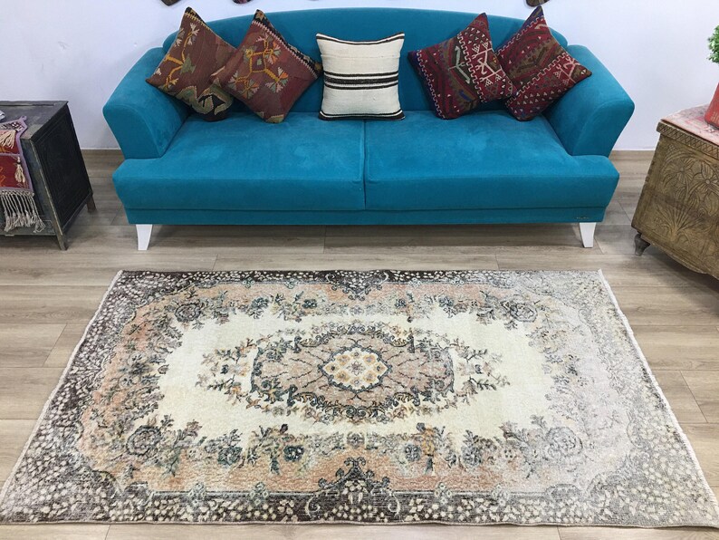 Pink area rug, Handknotted rug, Turkish rug, Worn rug, Livingroom rug, Floral rug, Bedroom rug, Antique rug, Cotton rug, 3.9 x 7 ft, RK 6863 image 1