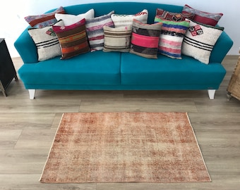 orange turkish rug, overdyed accent rug, wool vintage rug, entry floor rug, bath rugs, carpet rug, boho decor rug, 2.6 x 4.4 ft,  RK 11355