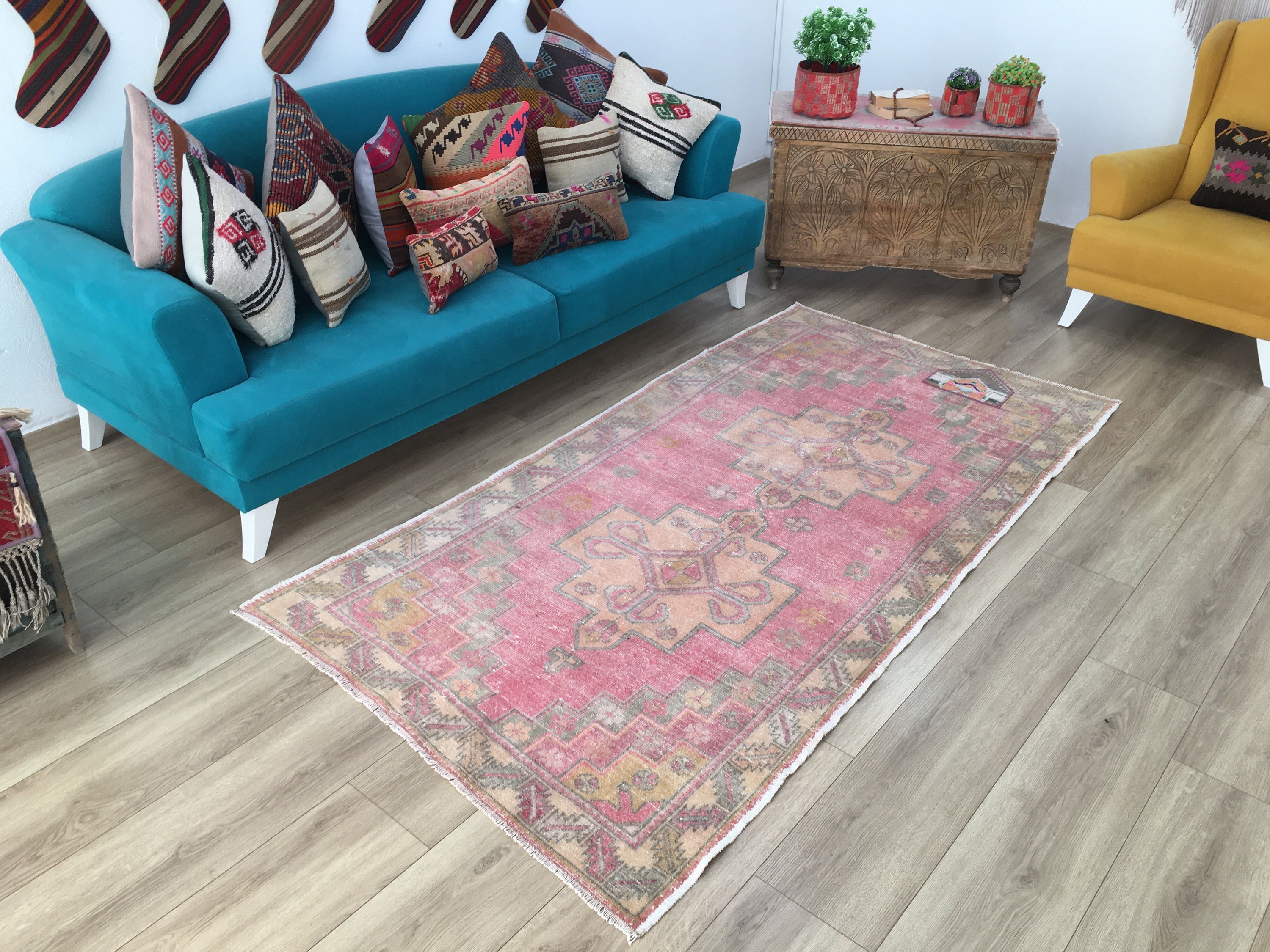Pink Rug, Oushak Rug, Vintage Turkish Rug, Area Rug, Bohemian Rug