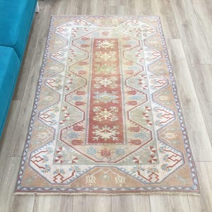 Terracotta Medallion Rug | 3.9x6.2 ft Bedroom | Faded Vintage Oushak Carpet image 2