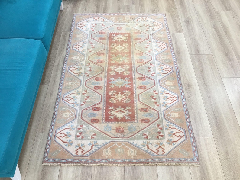 Terracotta Medallion Rug | 3.9x6.2 ft Bedroom | Faded Vintage Oushak Carpet image 2