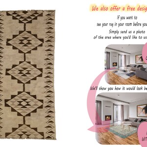 May include: A brown and white vintage rug with a geometric pattern. The rug is shown in a living room setting with a fireplace and a couch. The text "We also offer a free design service!" is displayed above the image. The text "Your Current Room" is displayed in a pink speech bubble above the living room image. The text "New Design with Vintage Rug" is displayed in a pink speech bubble below the living room image.