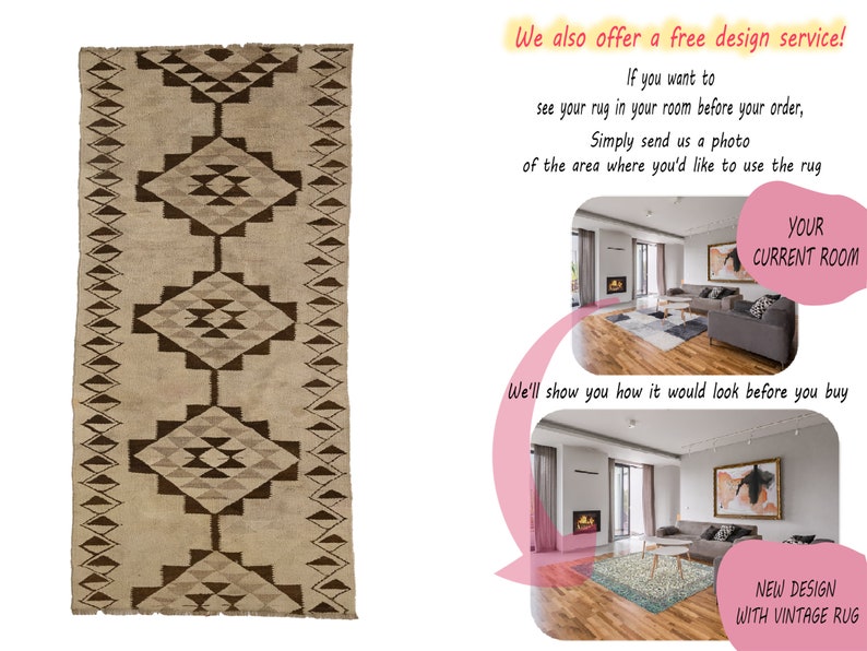 May include: A brown and white vintage rug with a geometric pattern. The rug is shown in a living room setting with a fireplace and a couch. The text "We also offer a free design service!" is displayed above the image. The text "Your Current Room" is displayed in a pink speech bubble above the living room image. The text "New Design with Vintage Rug" is displayed in a pink speech bubble below the living room image.