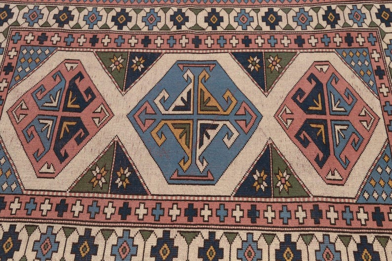 Antique turkish rug, Multicolor rug, Bordered rug, Primitive rug, Vintage area rug, Oushak wool rug, Retro rug, 4.3x6.2 ft, RK 13681