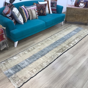Low pile rug, Turkish wool rug, Hallway rug, Primitive rug, Vintage rug, Worn rug, Handknotted rug, Stair runner, 2.4 x 9.8 ft, RK 12147