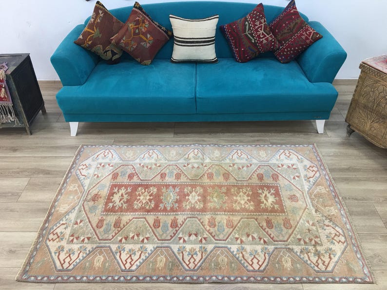 Terracotta Medallion Rug | 3.9x6.2 ft Bedroom | Faded Vintage Oushak Carpet image 4