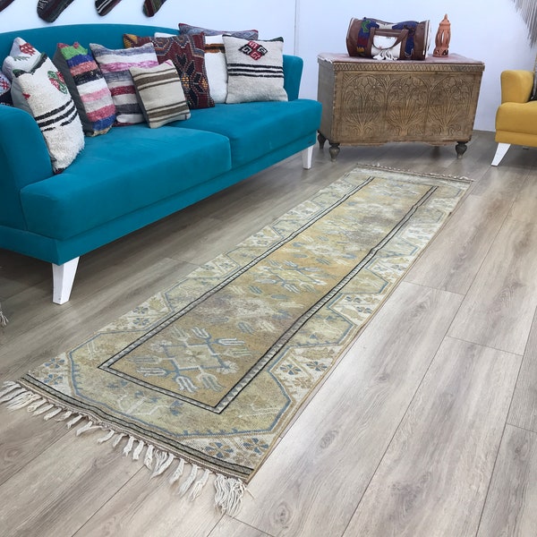 Hallway rug, Kitchen rug, Vintage turkish rug, Oushak rug, Wool rug, Boho decor rug, Neutral rug, Bohemian rug, 2.3 x 8.9 ft, RK 5757