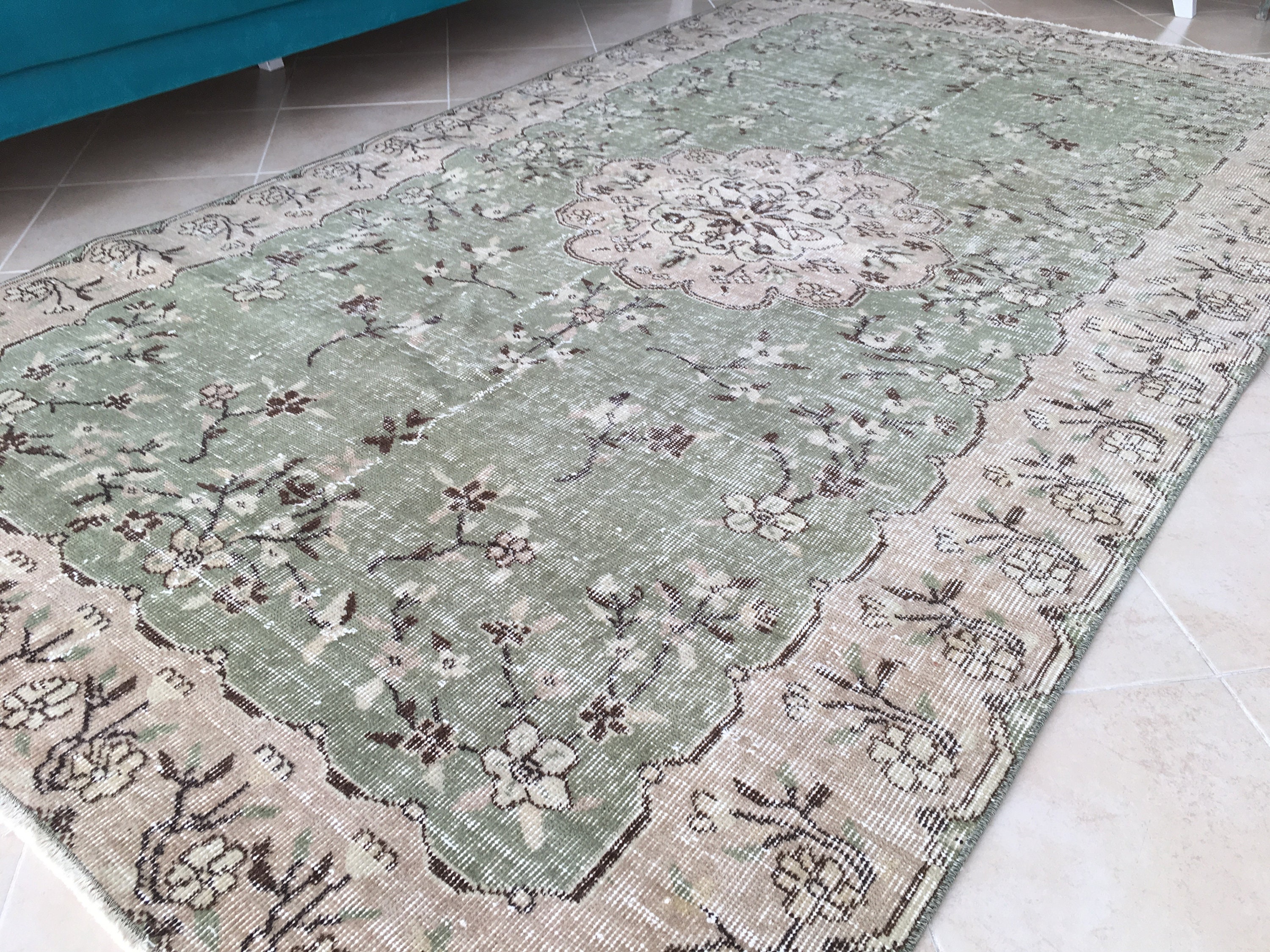 Green pink rug Area rug Vintage rug Turkish rug Oushak Etsy