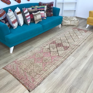 alfombra turca rosa, 2,7 x 9,2 pies, alfombra de corredor vintage, alfombra de pasillo, alfombra azteca, alfombra herki, alfombra antigua, alfombras turcas, alfombra de lana, RK 2316