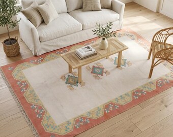 Crème tribal vloerkleed | Woonkamer van 5,3 x 7,8 ft | Vintage Anatolische tribale wol