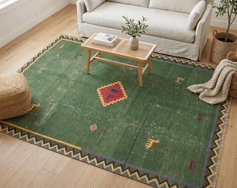 Green Tribal Rug | 5.4x7.2 ft Living Room | Yoruk Vintage Turkish Wool Carpet