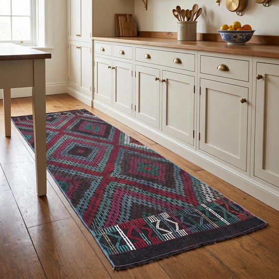 Black Diamond Kelim Teppich | 3x2,5 m Küche Flur Teppich | Bestickte türkische Wolle