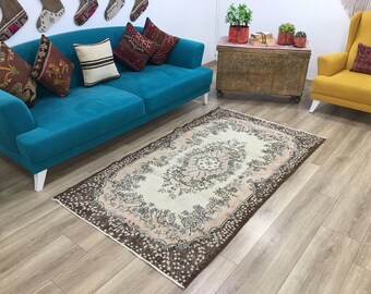 vintage rug, area rug, turkish rug, bohemian rug, wool rug, boho rug, floral rug, rug for livingroom, handmade rug, 3.9x6.8 ft, RK 6309