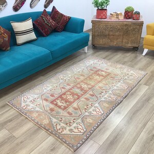 Terracotta Medallion Rug | 3.9x6.2 ft Bedroom | Faded Vintage Oushak Carpet image 3
