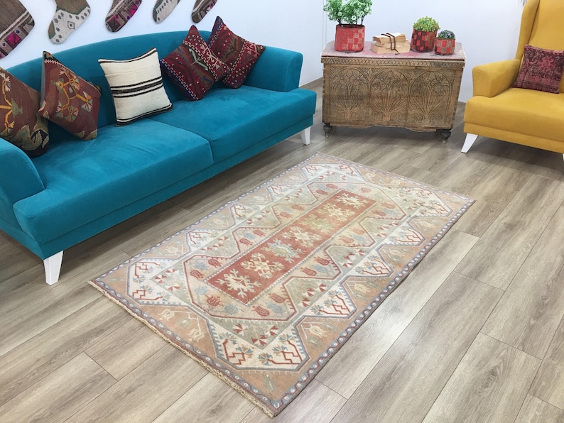 Terracotta Medallion Rug | 3.9x6.2 ft Bedroom | Faded Vintage Oushak Carpet image 3