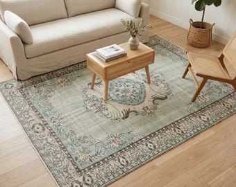 Sage Green Oushak Rug | 5.9x8.7 ft Living Room | Distressed Vintage Turkish Wool Carpet