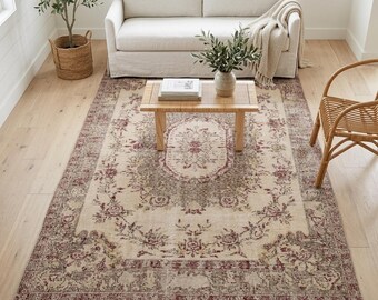 Rose Floral Rug | 5.4x9.1 ft Living Room | Distressed Vintage Turkish Wool