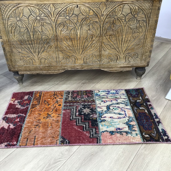 Small turkish rug, Eco playing mat, Wool porch mat, Shoe Mat, Shower Mat, Narrow mat, Vintage rug, Pet placemat, Home sign 1.5x3 ft RK 11875