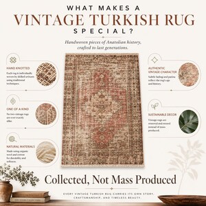 The image is an advertisement for a vintage Turkish rug, highlighting its unique features and craftsmanship.