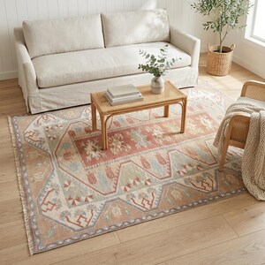 Terracotta Medallion Rug | 3.9x6.2 ft Bedroom | Faded Vintage Oushak Carpet image 1